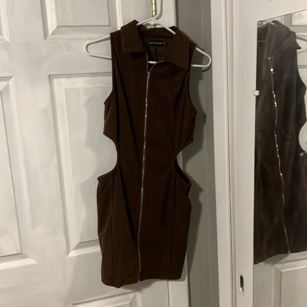 Chocolate Cord Zip Through Cut Out Polo Collar Bodycon Dress